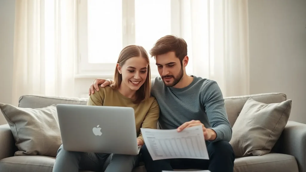 Pareja joven mirando juntos una hoja de cálculo en un portátil sobre sofá gris claro con expresión tranquila y organizada, representando cómo calcular el presupuesto del anillo de compromiso sin endeudarse en 2026