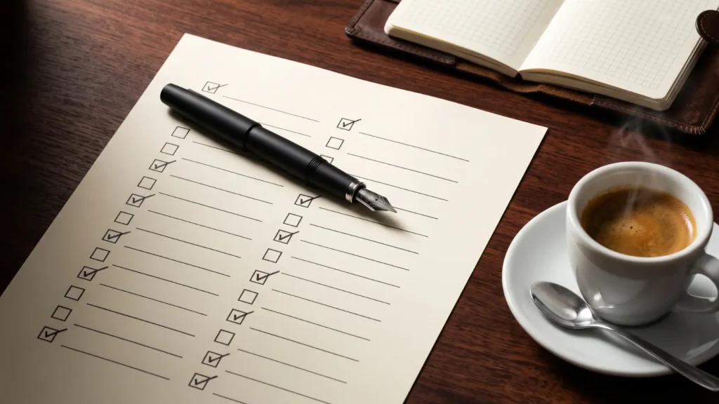 Checklist impreso con casillas marcadas y sin marcar sobre escritorio de caoba oscura junto a pluma estilográfica de lujo y taza de café espresso, representando la planificación inversa mes a mes del checklist de boda de 12 meses descargable gratis en PDF para organizar una boda como un proyecto de gestión