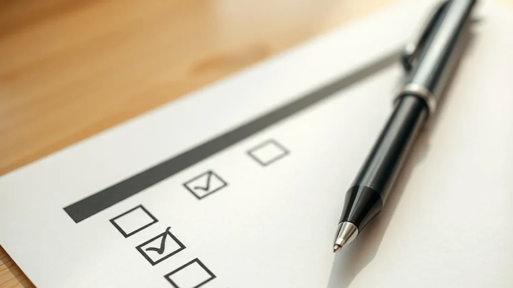 Documento impreso de checklist sobre superficie crema con casillas marcadas con tick y otras vacías junto a bolígrafo negro sin texto legible, representando el uso del checklist PDF de boda de 12 meses como documento de seguimiento activo con tareas completadas marcadas en cuenta atrás