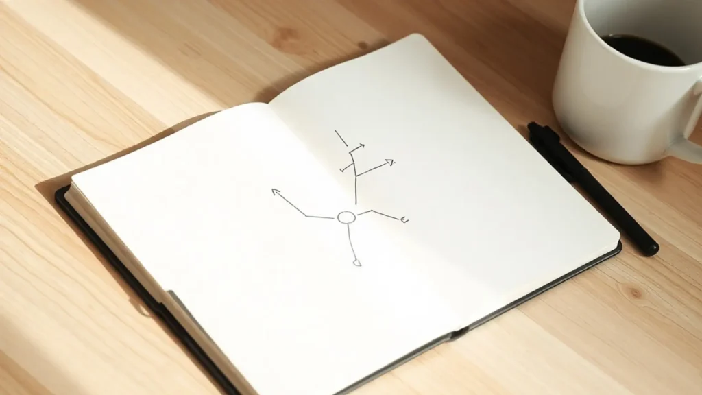 Cuaderno abierto con un árbol de decisión dibujado a mano en tinta negra sobre mesa de roble claro junto a una taza de café, representando el proceso de elegir entre gananciales y separación de bienes según la situación financiera de cada pareja