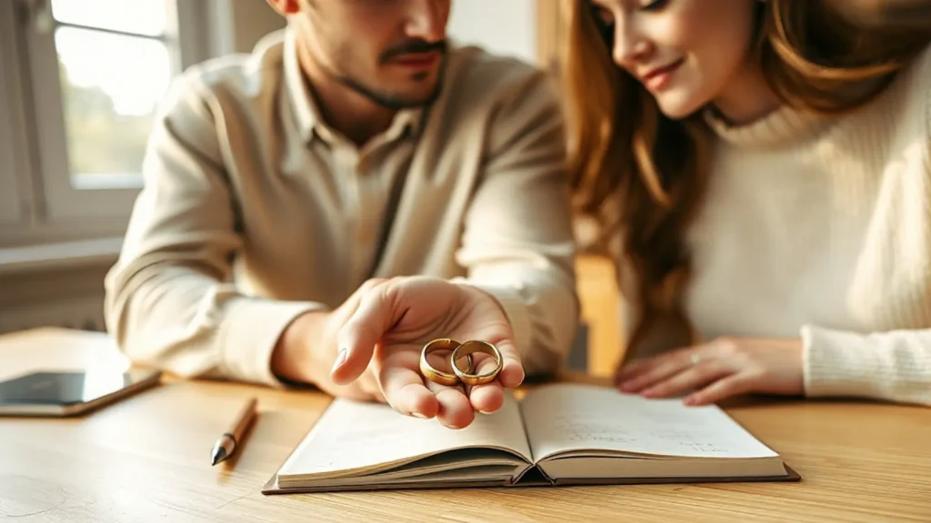 Pareja sosteniendo alianzas doradas mientras revisa apuntes en una libreta sobre mesa de roble, con expresión tranquila y concentrada, representando cómo comparar y comprar alianzas de boda con un presupuesto calculado sin gastar de más