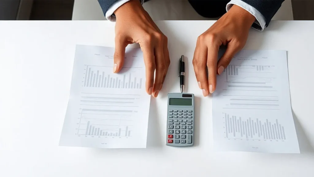 Manos comparando dos contratos de préstamo personal sobre mesa blanca con calculadora y bolígrafo, mostrando cómo elegir la mejor financiación para una boda comparando por TAE en 2026