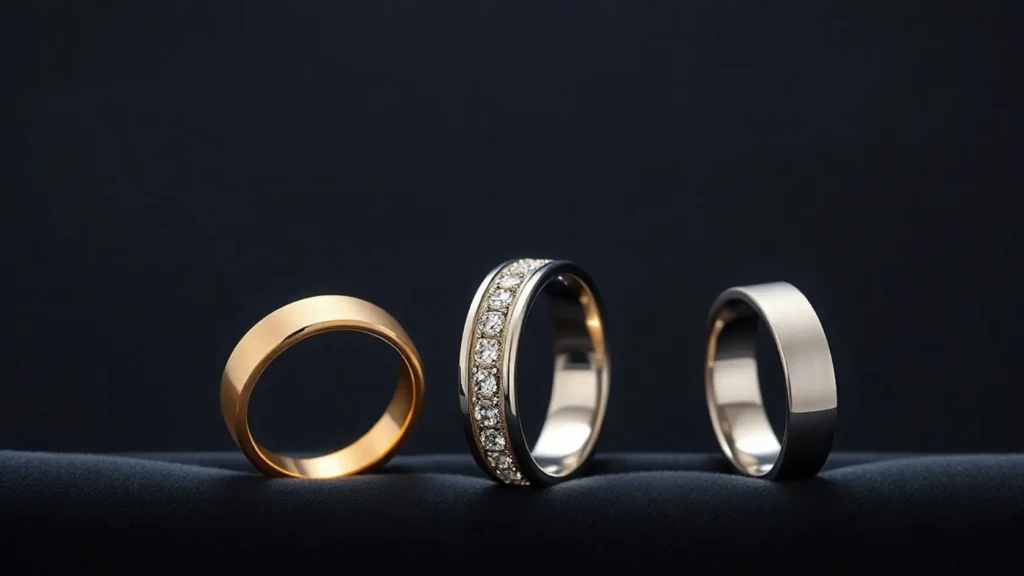 Tres alianzas de boda idénticas en forma dispuestas en fila horizontal sobre terciopelo antracita oscuro, mostrando los tonos sutilmente distintos del oro amarillo, el oro blanco con baño de rodio y el platino puro, representando la comparativa completa de metales para alianzas de boda