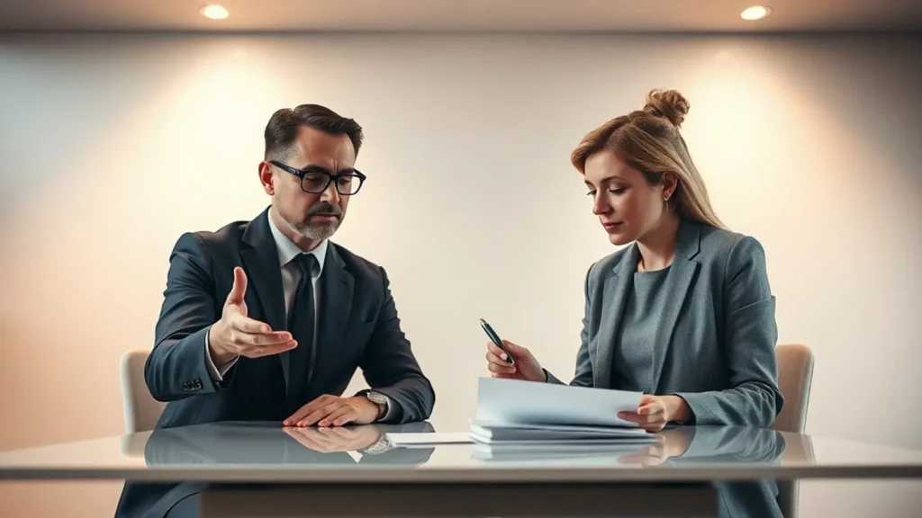 Persona revisando con atención un contrato de seguro de cancelación de boda junto a un asesor en una oficina, representando el proceso de verificar condiciones y exclusiones antes de firmar la póliza