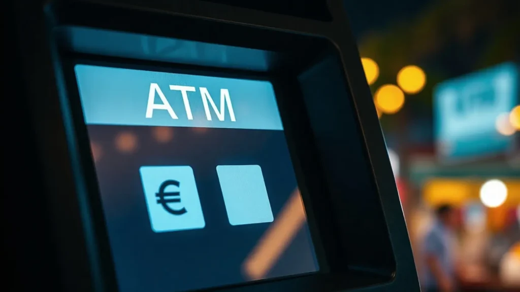 Pantalla de cajero automático mostrando dos opciones de selección de divisa sin texto legible en entorno de mercado nocturno tropical, representando el momento en que aparece la trampa del DCC y cómo reconocerla para evitar pagar en euros en lugar de divisa local