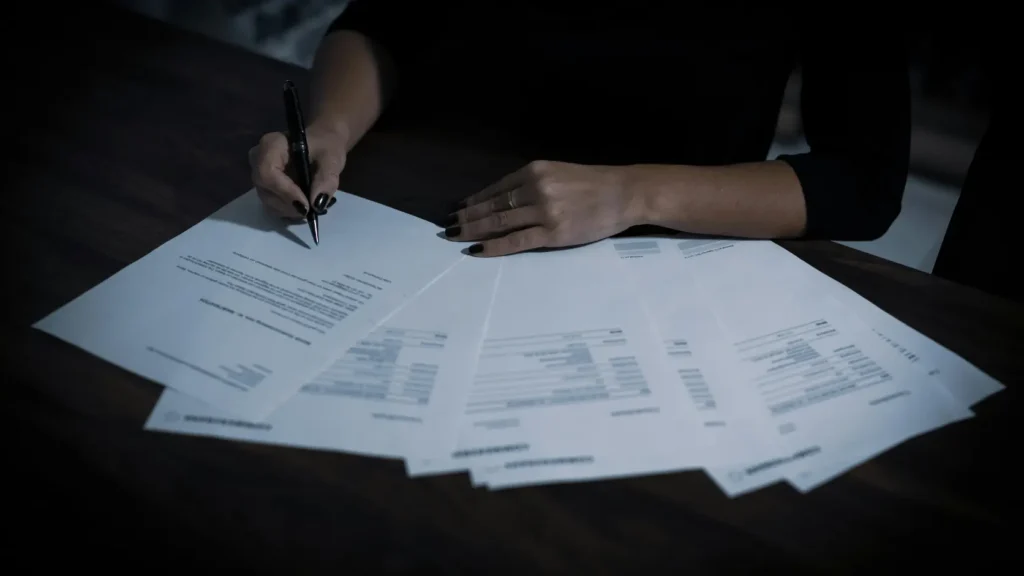Persona revisando contrato de servicios con bolígrafo en mano sobre mesa de reunión sin logos ni texto legible, representando cómo elegir y contratar proveedores de boda con contratos blindados para evitar perder señales y detectar banderas rojas antes de firmar