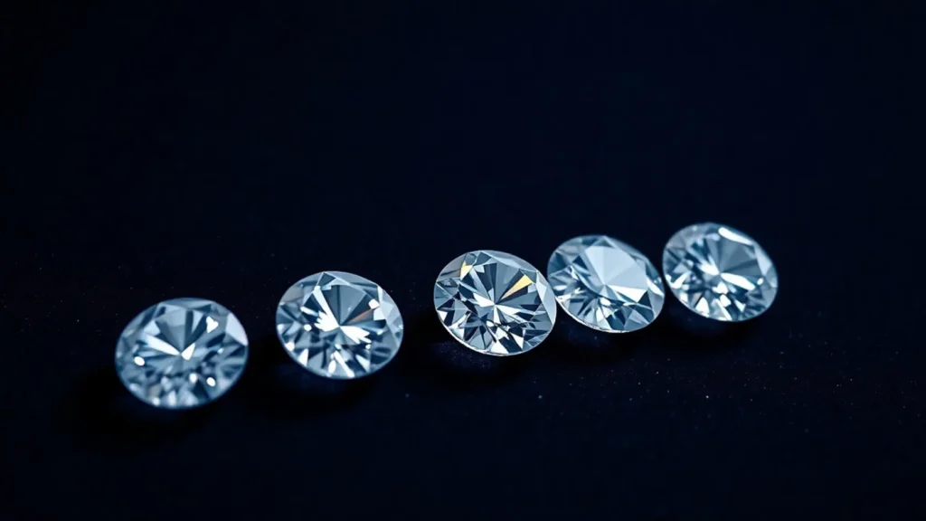 Fila de cinco diamantes sueltos de corte brillante dispuestos en diagonal sobre terciopelo azul marino oscuro mostrando diferencias mínimas de tamaño, representando la escala de las 4C en quilates, color y pureza para comparar antes de comprar