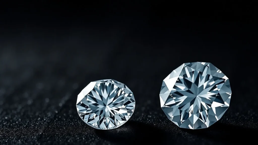 Dos diamantes sueltos de corte brillante colocados lado a lado sobre terciopelo negro con diferencia de tamaño apenas perceptible, representando el precipicio de precio entre 0,90 y 1,00 quilates y el ahorro de hasta un 35% por elegir el peso correcto