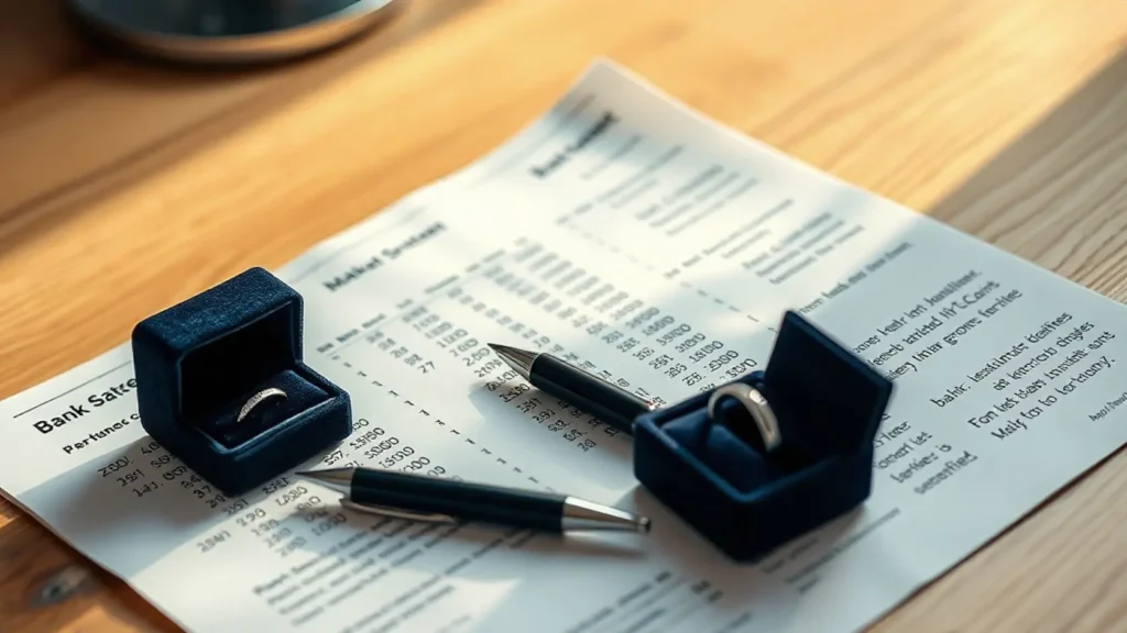 Extracto bancario con cuotas de préstamo junto a una caja de anillo vacía de terciopelo azul marino sobre mesa de madera, representando el coste real de financiar un anillo de compromiso con crédito de joyería