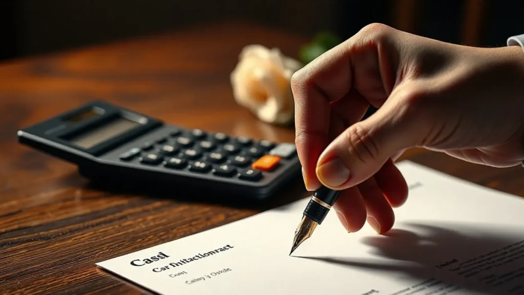 Mano sosteniendo una pluma estilográfica sobre un contrato de boda en mesa de madera oscura, con calculadora desenfocada al fondo, simbolizando la decisión financiera de firmar un presupuesto