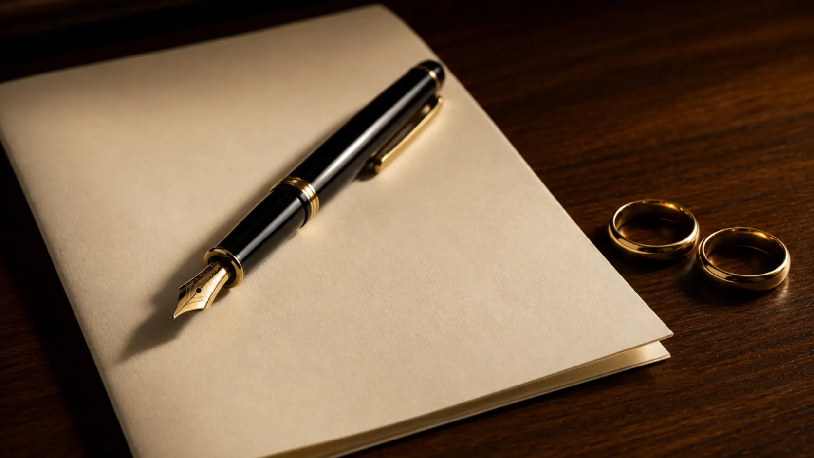 Pluma estilográfica de lujo sobre documento legal junto a dos alianzas de oro en mesa de madera oscura, representando la firma de capitulaciones matrimoniales para elegir entre separación de bienes y gananciales en 2026