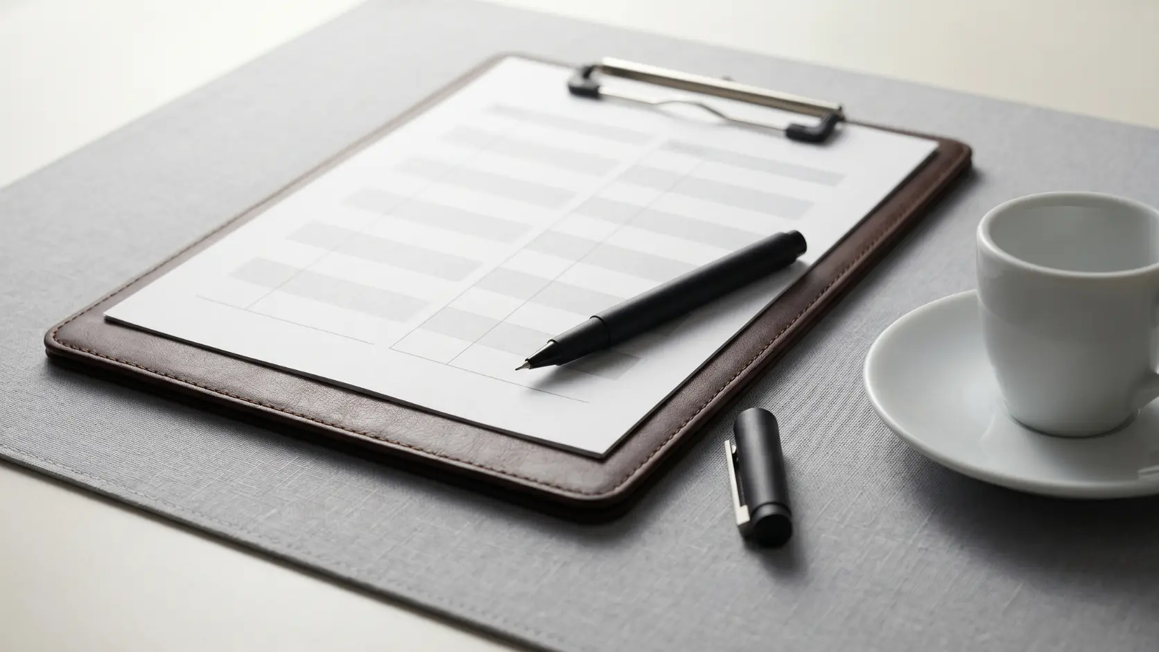 Portapapeles de cuero marrón oscuro con documento impreso sin texto legible y bolígrafo negro fino diagonal sobre superficie de lino gris claro con taza de café espresso, representando el checklist de boda de 12 meses en PDF descargable gratis para organizar todas las tareas en cuenta atrás sin olvidar ningún proveedor clave