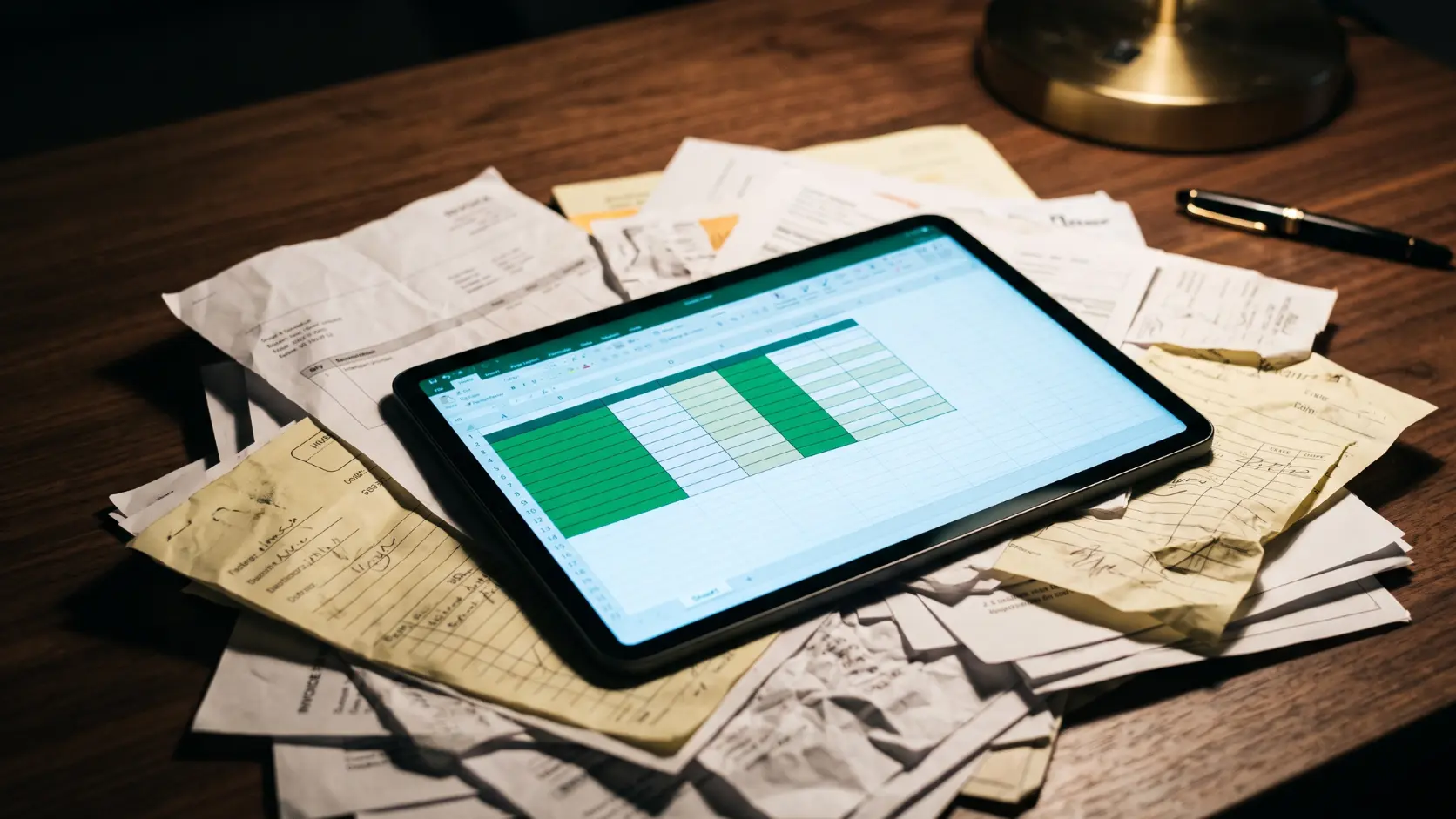 Tablet moderna con hoja de cálculo organizada en color verde sobre pila de facturas de papel arrugadas y recibos desordenados en escritorio de nogal oscuro, representando el sistema de control de pagos y plazos para coordinar proveedores de boda sin duplicidades ni sobrecostes