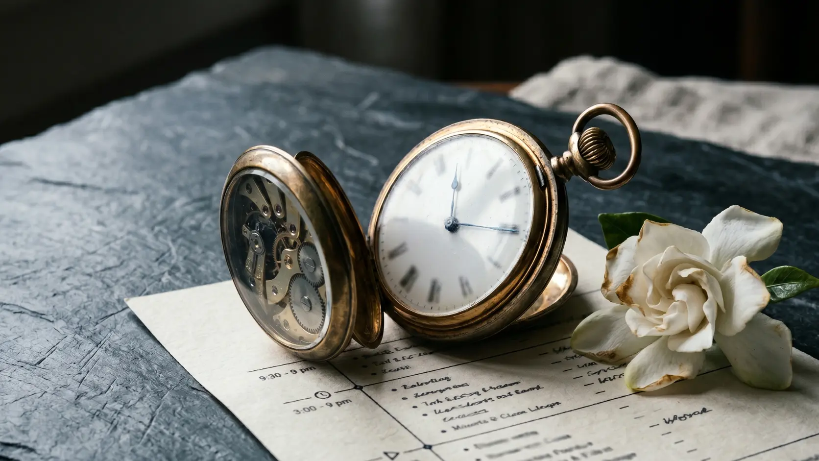 Reloj de bolsillo elegante abierto sobre documento de cronograma de boda con filas abstractas de horario y flor de gardenia levemente marchitada sobre superficie de pizarra oscura, representando la plantilla de cronograma del día de la boda hora a hora con tiempos colchón para que ningún retraso arruine las fotos