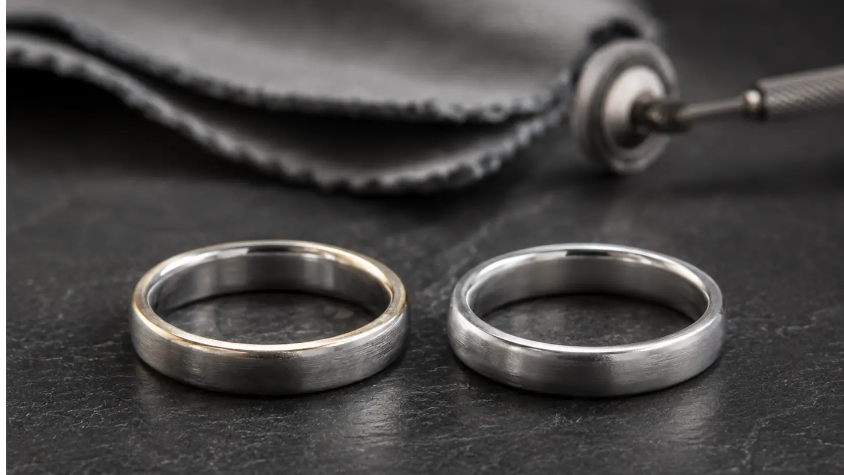 Dos alianzas de boda idénticas en forma colocadas lado a lado sobre pizarra oscura, una con ligero tono cálido por desgaste del baño de rodio y otra en platino puro, con herramientas de pulido desenfocadas al fondo, representando la comparativa entre oro blanco y platino para alianzas