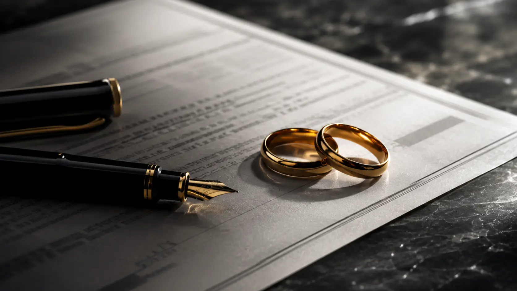 Dos alianzas de oro sobre un contrato de préstamo bancario en mármol oscuro, representando el coste real de financiar una boda con un préstamo personal en 2026
