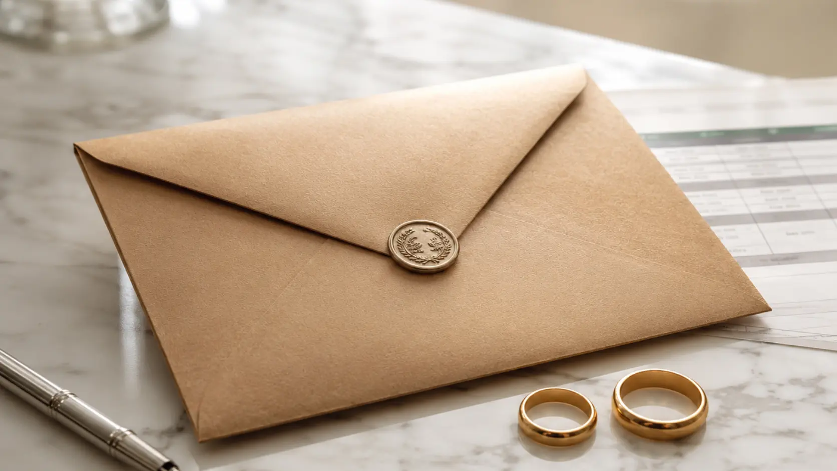 Sobre cerrado de papel kraft junto a dos alianzas de boda y una hoja de cálculo sobre mármol blanco, representando el método financiero para planificar el presupuesto nupcial