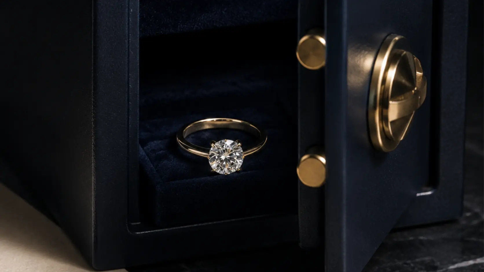 Anillo de compromiso con diamante brillante dentro de una pequeña caja fuerte de terciopelo azul marino entreabierta junto a documento de póliza parcialmente visible con sello de lacre rojo, representando la protección correcta del anillo mediante un seguro específico de joyería frente al seguro de hogar estándar