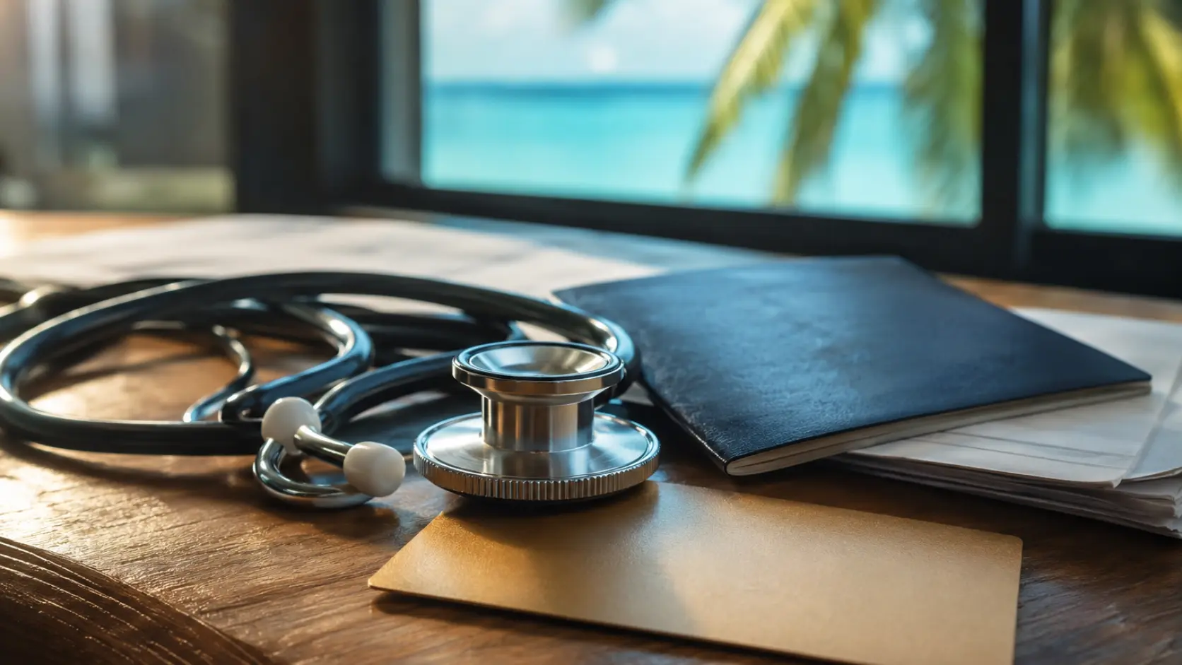 Estetoscopio médico junto a pasaporte oscuro y tarjeta de crédito dorada sobre mesa de teca tropical con océano turquesa desenfocado al fondo, representando por qué el seguro médico incluido en la tarjeta de crédito no cubre una evacuación médica real en la luna de miel