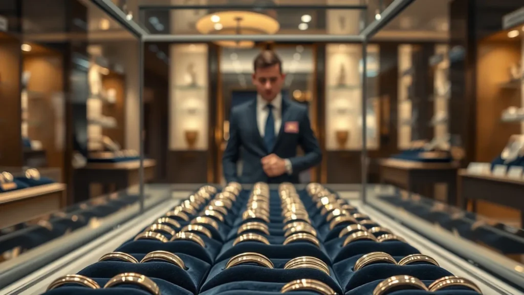 Interior de expositor de joyería de centro comercial con alianzas de boda sobre terciopelo azul marino y vendedor al fondo, representando el contexto de venta cruzada de alianzas tras la compra del anillo de compromiso