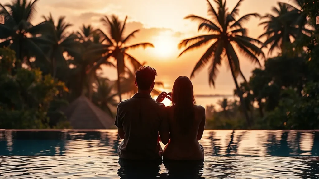 Pareja de espaldas en terraza de villa con piscina infinita mirando paisaje tropical de selva al amanecer sin logos ni texto visible, representando la libertad de elección y el valor real que Bali ofrece frente a Maldivas para parejas que planifican su luna de miel según presupuesto real en 2026