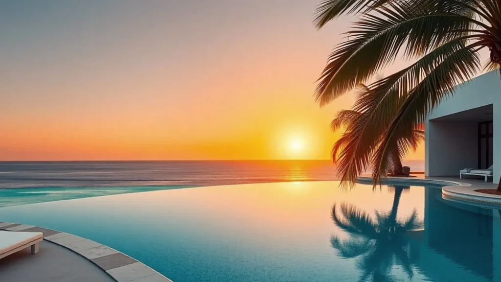 Piscina infinita de resort de lujo tropical con vista al océano turquesa al atardecer sin personas ni texto visible, representando los destinos de luna de miel en Maldivas, Bali o Riviera Maya cuyo precio real es un 30-37% inferior al paquete de agencia