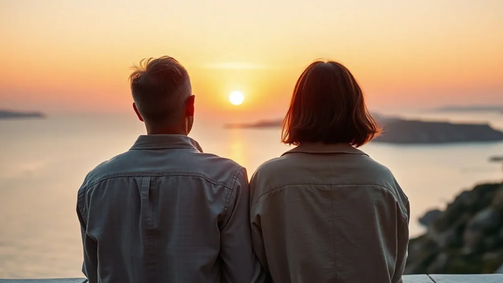 Pareja de espaldas sentada en terraza de piedra mirando un atardecer costero dorado sin logos ni texto visible en la escena, representando la tranquilidad financiera de disfrutar la luna de miel sin cuotas pendientes por haberla pagado con ahorro propio
