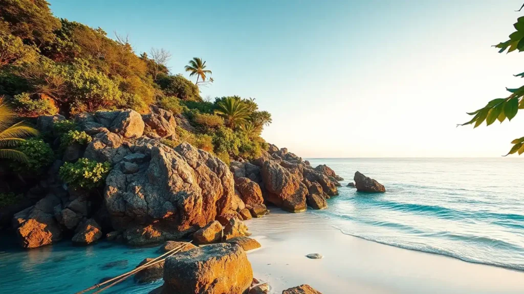 Paisaje costero paradisíaco con agua turquesa y vegetación tropical en luz dorada sin personas ni texto visible, representando los mejores destinos de luna de miel en 2026 con mejor relación calidad-precio para parejas con presupuesto controlado