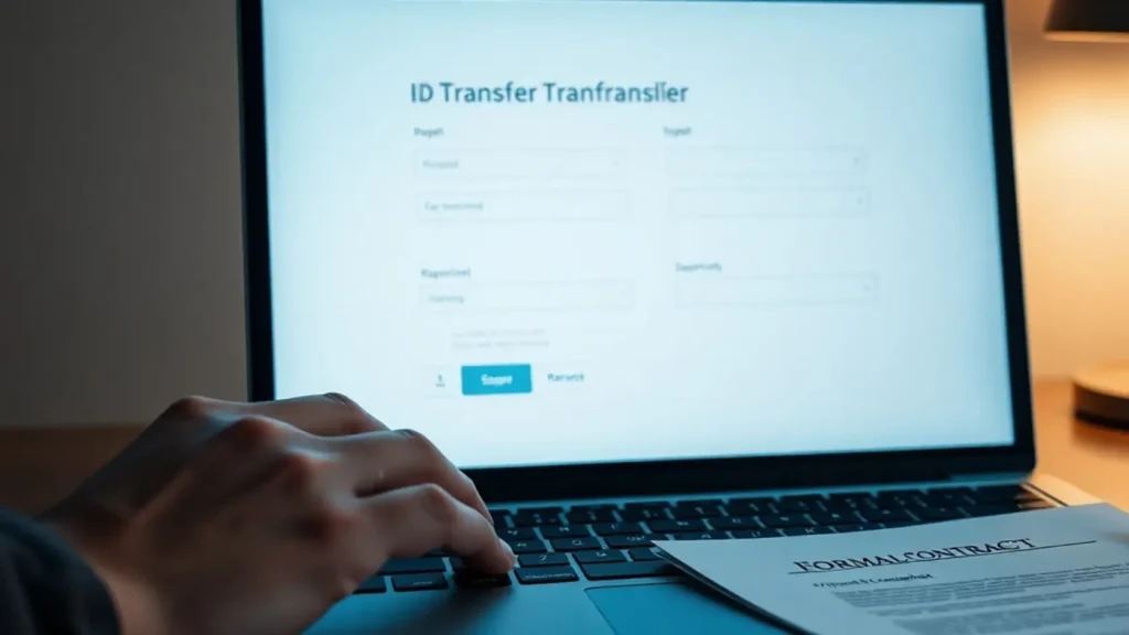 Portátil mostrando interfaz de transferencia bancaria sin texto ni cantidades legibles junto a contrato firmado parcialmente visible y recibo doblado sobre escritorio, representando las reglas para pagar la señal a un proveedor de boda de forma segura con contrato blindado y documentación de respaldo
