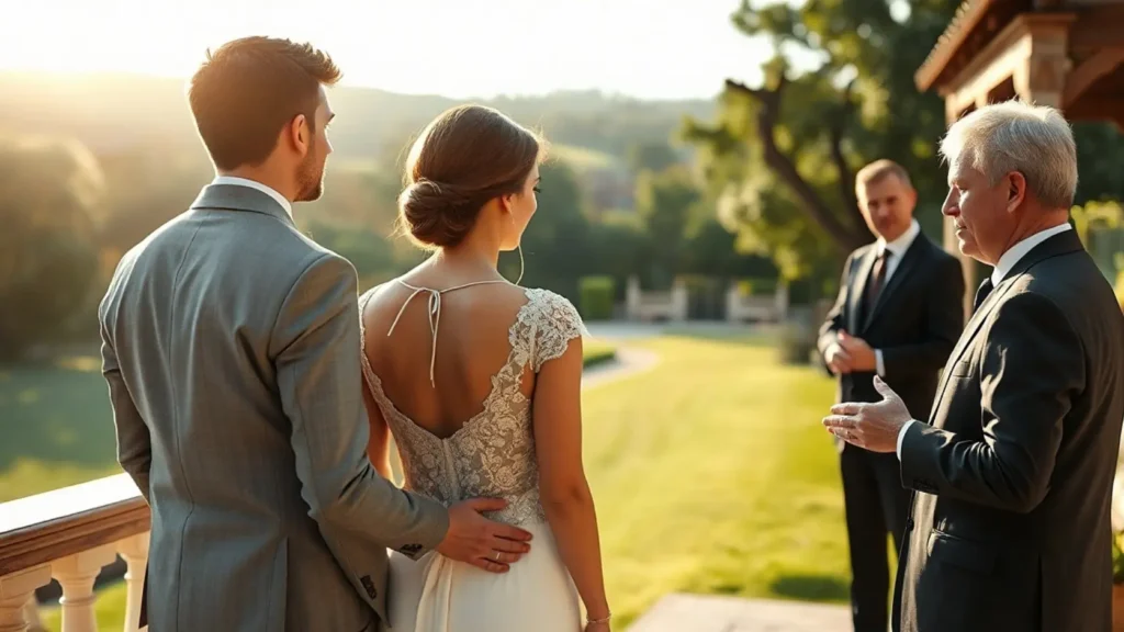 Pareja con actitud tranquila y no comprometida hablando con un comercial en la terraza de una finca de bodas, aplicando el Método del Sobre Cerrado antes de tomar ninguna decisión