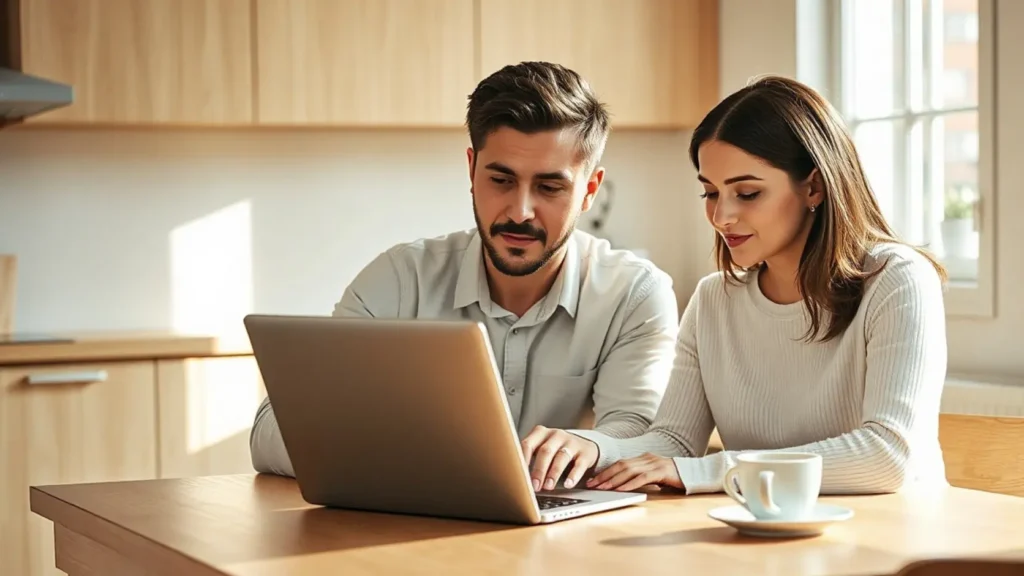 Pareja mirando tranquilamente una pantalla de portátil con estructura de hoja de cálculo organizada con expresión relajada sobre mesa de roble claro con café al lado, representando la calma financiera que da tener un sistema de control de pagos a proveedores de boda actualizado en tiempo real