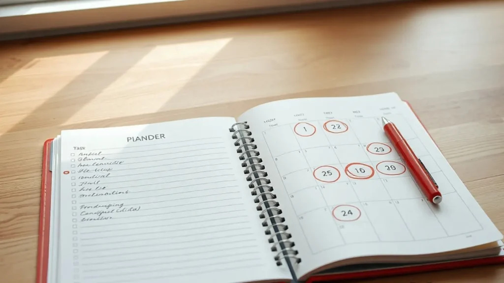 Agenda premium abierta con fechas marcadas en tinta roja en página de calendario sin números legibles y bolígrafo rojo diagonal sobre mesa de roble claro, representando el cronograma de planificación de una boda por fases con hitos marcados 12 meses antes de la celebración