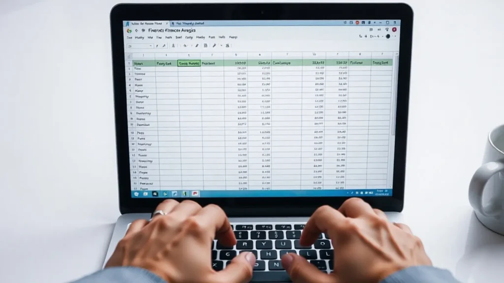 Portátil abierto mostrando hoja de cálculo con estructura de tabla financiera colorada y columnas abstractas con manos sobre el teclado sobre mesa blanca, representando la plantilla Excel de presupuesto nupcial para el control financiero en tiempo real de pagos a proveedores de boda