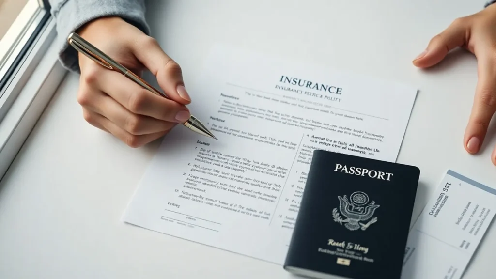Dos manos firmando una póliza de seguro de viaje sobre mesa blanca con pasaporte y tarjeta de embarque al lado sin texto legible, representando el proceso de contratar un seguro de viaje real con evacuación médica y repatriación incluidas para la luna de miel
