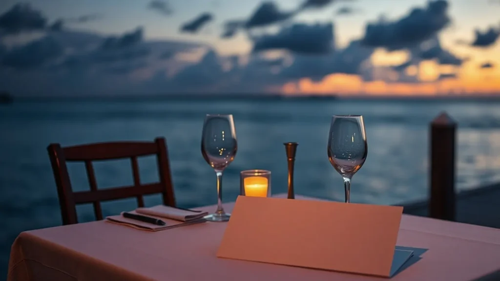 Restaurante de resort de lujo sobre pontón en el mar al atardecer con mesa preparada y carpeta de factura cerrada sin texto visible, representando el precio real de comer en la isla cautiva de Maldivas donde la cena básica cuesta 90 euros para dos personas