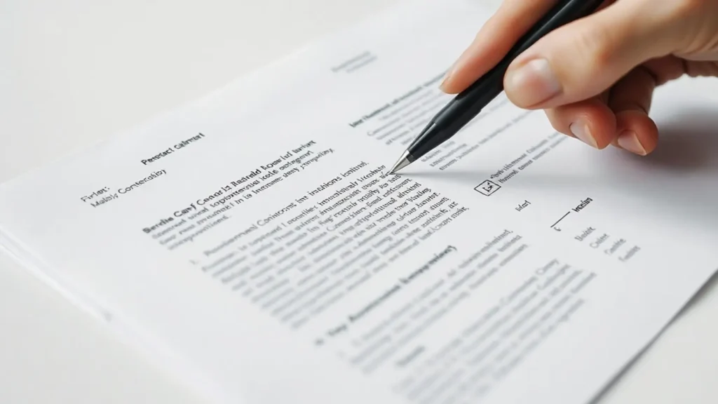 Mano señalando un párrafo específico de contrato de proveedor de boda con bolígrafo fino y anotación en margen sin texto legible sobre mesa blanca, representando cómo revisar los cinco puntos clave de un contrato blindado incluyendo cláusula de cancelación y señal reembolsable