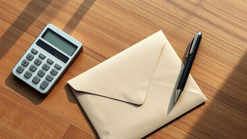 Sobre cerrado de papel kraft sobre escritorio de madera junto a calculadora minimalista y bolígrafo, representando el Método del Sobre Cerrado para planificar el presupuesto de boda sin deudas