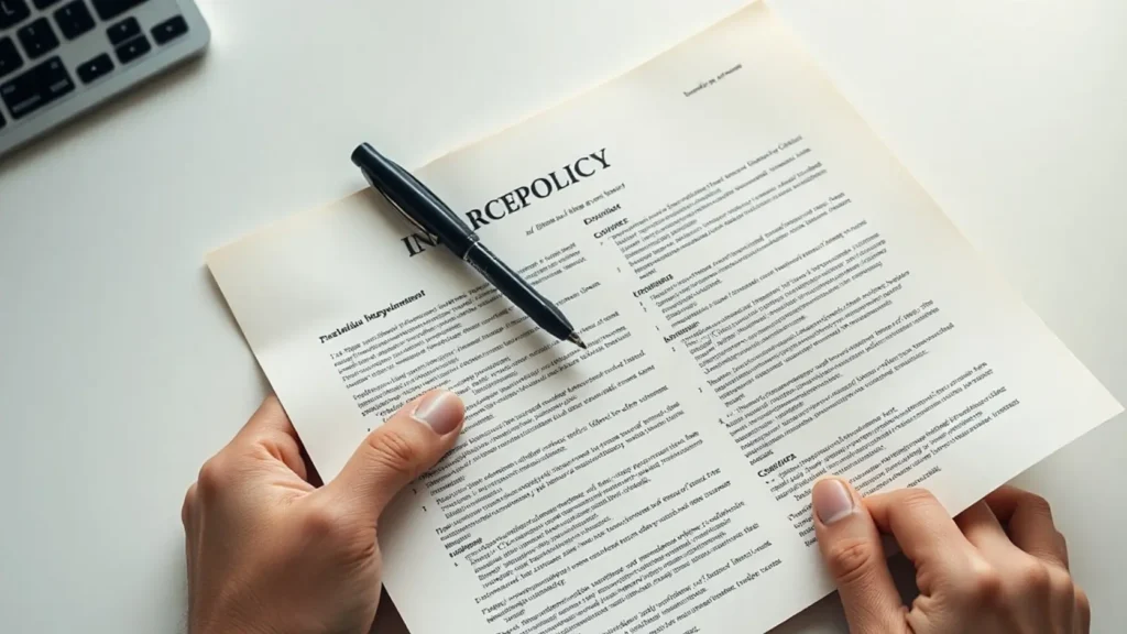 Manos sosteniendo un contrato de póliza de seguros de hogar con bolígrafo señalando una cláusula específica sin texto legible, representando la importancia de leer el sublímite de joyería y las exclusiones antes de asumir que el anillo de compromiso está cubierto