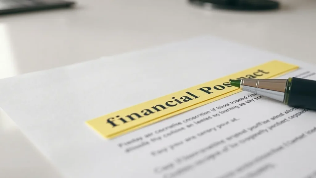 Primer plano de un contrato financiero con dos líneas resaltadas con marcador amarillo sobre mesa blanca, representando la diferencia entre TIN y TAE en un préstamo para boda