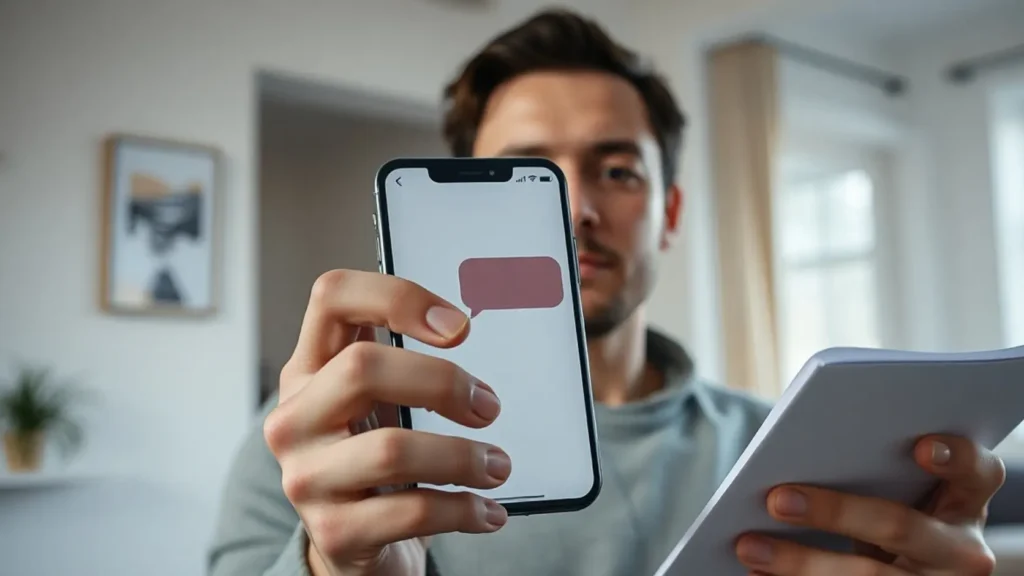 Persona sosteniendo smartphone con conversación abstracta de proveedor sin texto legible y documento doblado en otra mano con expresión analítica neutral, representando cómo evaluar con frialdad los upsells de proveedores de boda comparándolos contra el presupuesto base antes de responder